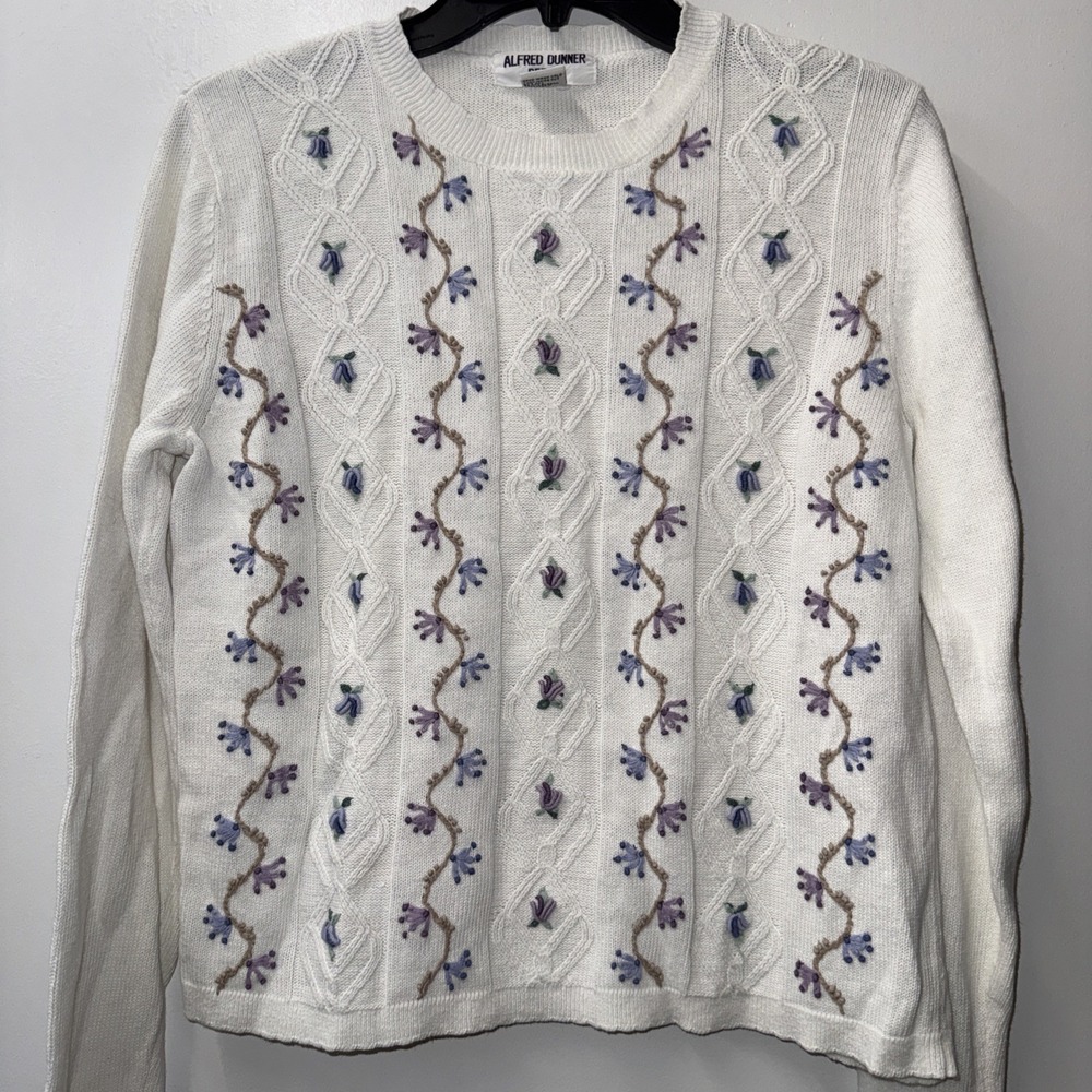 ALFRED DUNNER VTG 90S Y2K COTTAGE GRANNY CORE FLORAL EMBROIDERED KNIT SWEATER PM